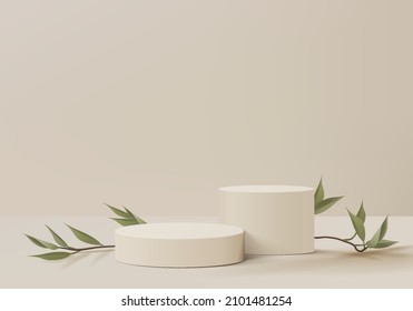3d background product display podium scene with leaf geometric platform. background vector 3d render with podium. stand to show cosmetic product. 3d stage showcase on pedestal display beige background