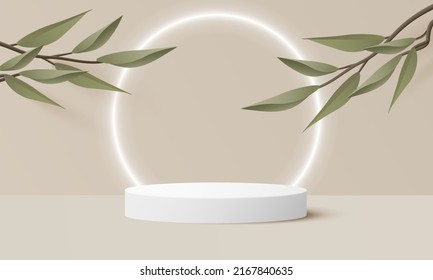 3d background product display podium scene with leaf and neon light. background vector 3d render with podium. stand to show cosmetic product. 3d stage showcase on pedestal display beige background