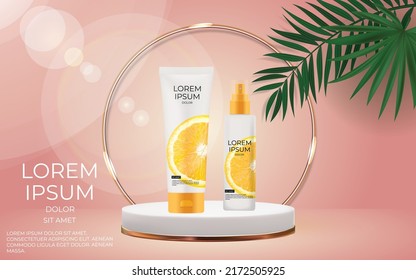 3d background product display podium scene with leaf geometric platform. stand to show cosmetic product. decorated with leaves and and sun on pink background