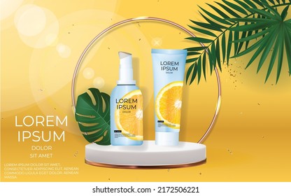 3d background product display podium scene with leaf geometric platform. stand to show cosmetic product. with leaves and orange yellow background