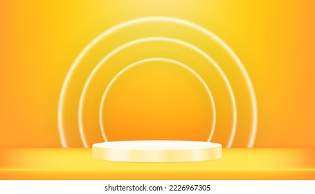 3d Pantalla de producto de fondo escena de podio con base de círculo amarillo y luz de anillo neón en fondo naranja,Diseño de banderín de fondo mínimo vectorial para rodaje para presentación, promoción,Ventas