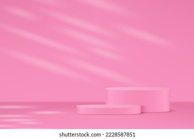 3D-Hintergrund für die Produktanzeige. 3D realistischer rosa zylindrischer Sockel, minimaler Hintergrund-Szene. Stand für die Anzeige von Musterprodukten 3D-Vektorgrafiken.
