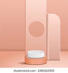 3d background product featuring podium scene with geometric platform. 3d vector rendering of background with podium. stand to show cosmetic products. Showcase stage in pink studio​​​​display pedestal