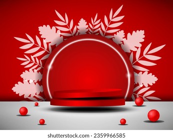 3d background product showing podium scene with leaves. vector rendering of 3d background with podium. stand to show cosmetic products.