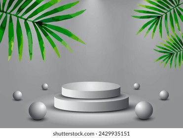 producto de fondo 3d que muestra la escena del podio con las hojas. representación del vector del fondo 3d con el podio.