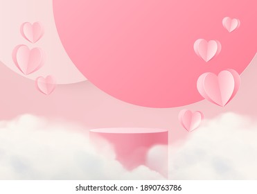 3d background product valentine podium in love platform. heart background vector 3d rendering with cloud cylinder. podium stand to show cosmetic product. Stage romance showcase on pedestal pink studio