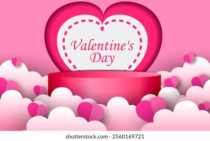 3d Background product for valentine's day podium in platform. vector 3d heart background with cylinder. Podium stands for displaying products
