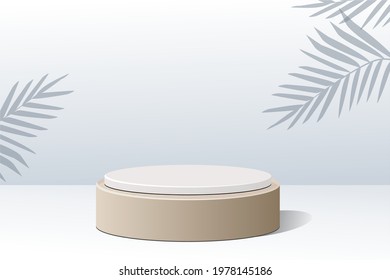 3D background product with white luxury gold brown single podium. Display scene product for skincare, makeup, and toiletries.  3D illustration with geometric shapes and  summer leaf