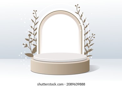 3D background product with white luxury with Golden brown podium. Display scene product for skincare, makeup, and toiletries. 3D illustration with geometric shapes.