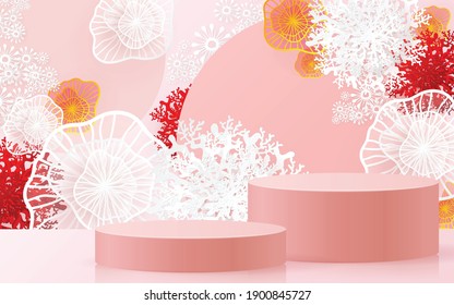 3d Background Products With Coral 
 Background Vector 3d With Cylinder. Podium Stand To Show Cosmetic Product With Craft Style.
