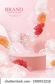 3d Background products with coral 
 background vector 3d with cylinder. podium stand to show cosmetic product with craft style.
