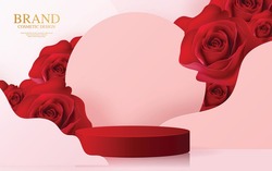 3d Background Products For Valentine’s Day Podium In Red Rose Background Vector 3d With Cylinder. Podium Stand To Show Cosmetic Product With Craft Style On Background.  
