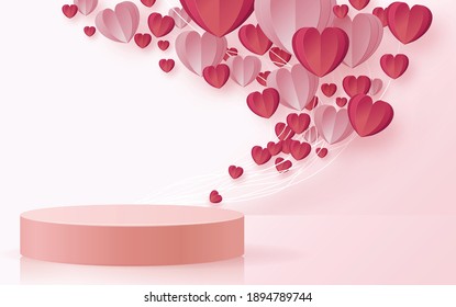 3d Background products for valentine’s day podium in love platform. heart background vector 3d with cylinder. podium stand to show cosmetic product with craft style on background.  
