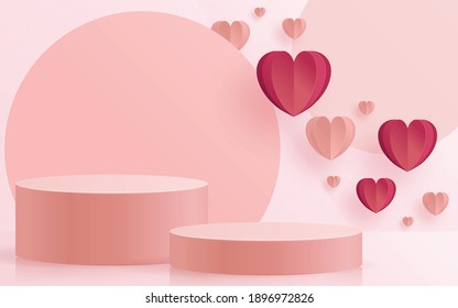 3d Background products for valentine’s day podium in love platform. heart background vector 3d with cylinder. podium stand to show cosmetic product with craft style on background.  
