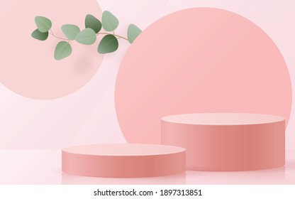 3d Background products for valentine’s day podium with 
Eucalyptus leaves in love platform. heart background vector 3d with cylinder. podium stand to show cosmetic product with craft style.