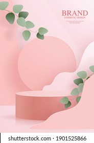 3 d Productos de fondo para el podio del día de San Valentín con 
Eucalyptus se va en plataforma de amor. vector de fondo cardíaco 3d con cilindro. base de podio para mostrar productos cosméticos con estilo artesanal.