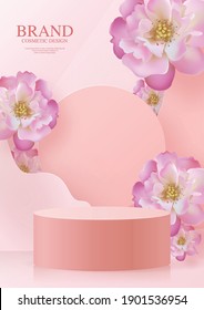 3d Background products for valentine’s day podium in pink rose background vector 3d with cylinder. podium stand to show cosmetic product with craft style on background.  
