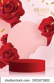 3d Background Products For Valentine’s Day Podium In Red Rose Background Vector 3d With Cylinder. Podium Stand To Show Cosmetic Product With Craft Style On Background.  
