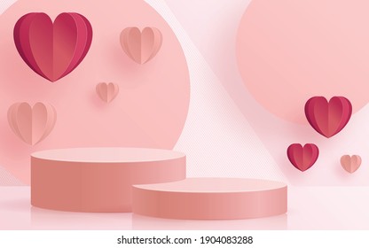 3d Background products for valentine’s day podium in love platform. heart background vector 3d with cylinder. podium stand to show cosmetic product with craft style on background.
