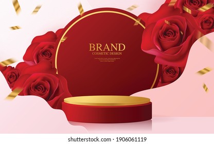 3d Background products for valentine’s day podium in red rose background vector 3d with cylinder. podium stand to show cosmetic product with craft style on background.  
