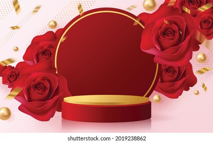 3d Background products for valentine’s day podium in red rose background vector 3d with cylinder. podium stand to show cosmetic product with craft style on background.