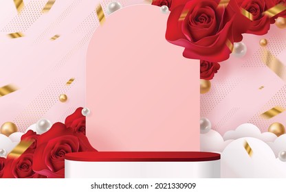 3d Background products for valentine’s day podium in red rose background vector 3d with cylinder. podium stand to show cosmetic product with craft style on background.