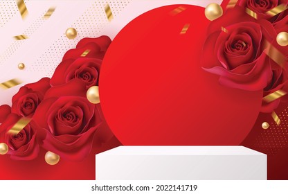 3d Background products for valentine’s day podium in red rose background vector 3d with cylinder. podium stand to show cosmetic product with craft style on background.