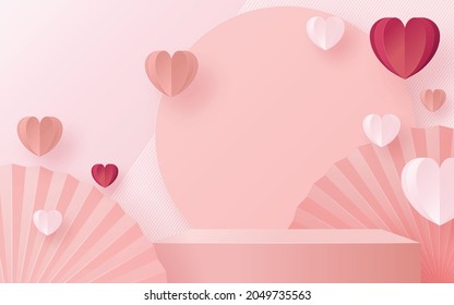 3d Background products for valentine’s day podium in love platform. heart background vector 3d with cylinder. podium stand to show cosmetic product with craft style on background.
