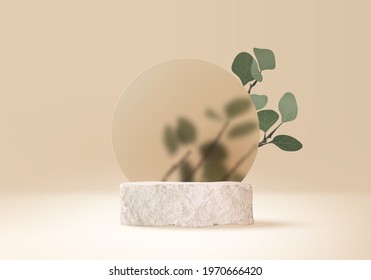 3d background products display cream stone podium scene with leaf geometric platform. cream background vector 3d render with podium stone. stand for cosmetic product. Stage on pedestal beige display