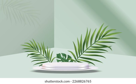 3d background products display minimal podium scene with 3 geometric platform with tropical leaf. stand to show cosmetic products. Stage showcase on pedestal modern studio