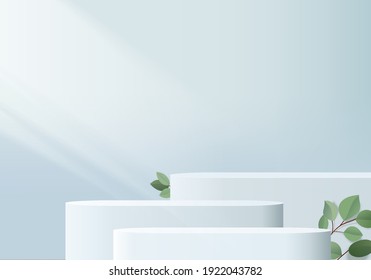3d Background Products Display Podium Scene With Palm Leaf Summer Platform. Product Background Vector 3d Render With Podium. Stand To Show Cosmetic Products. Stage Table On Pedestal Display Blue Dais
