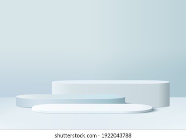 3d background products display podium scene with geometric platform. background vector 3d rendering with podium. stand to show cosmetic products. Stage showcase on pedestal display blue studio