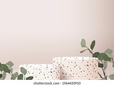Los productos de fondo 3d muestran la escena del podio con plataforma geométrica de hoja verde. representación 3d del vector de fondo con podio. se puede mostrar el producto cosmético. Muestra de escenario en el estudio peatonal de pantalla rosa