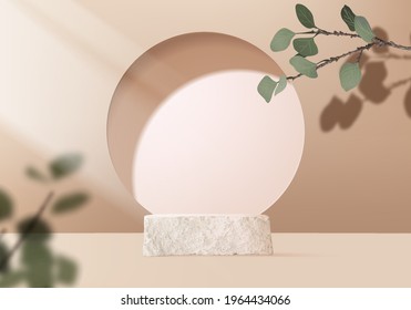 3d background products display podium scene with palm leaf geometric platform. background vector 3d render with podium. stand to show cosmetic product. Stage showcase on pedestal display beige studio