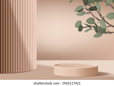 3d background products display podium scene with palm leaf geometric platform. background vector 3d render with podium. stand to show cosmetic product. Stage showcase on pedestal display beige studio