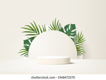 3d background products display podium scene with palm leaf geometric platform. background vector 3d render with podium. stand to show cosmetic product. Stage showcase on pedestal display beige summer