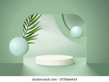 3d background products display podium scene with green leaf geometric platform. background vector 3d render with podium. stand to show cosmetic product. Stage showcase on pedestal display green studio