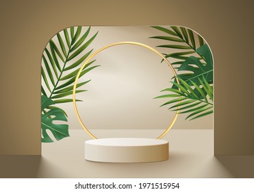 3d background products display podium scene with geometric platform. background vector 3d rendering with podium. stand to show cosmetic products. Stage showcase on pedestal display beige studio