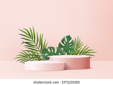 3d background products display podium scene with green leaf summer platform. background vector 3d render with podium. stand to show cosmetic product. Stage showcase on pedestal display pink studio