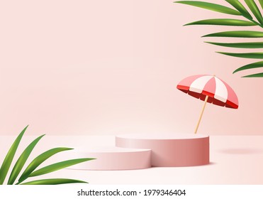 3d background products display podium scene with palm leaf summer platform. background vector 3d render with umbrella podium. stand to show cosmetic product. Stage pedestal display pink studio