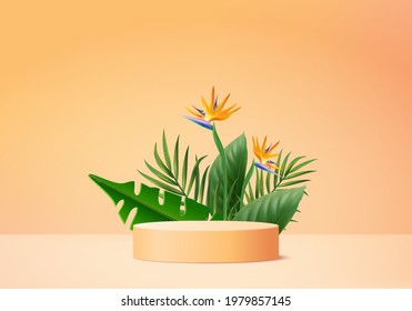3d background products display podium scene with green leaf geometric platform. background vector 3d render with podium. stand to show cosmetic product. Stage showcase on pedestal display pink studio
