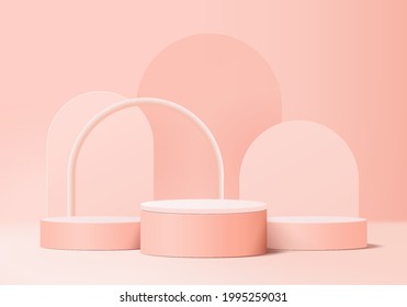 3d background products display podium scene with pedestal platform. pedestal background vector 3d rendering with podium. stand to show cosmetic products. 3d stage on pedestal display pink studio