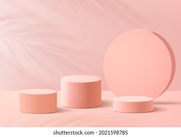 3d background products display podium scene with green leaf geometric platform. background vector 3d render with podium. stand to show cosmetic product. Stage showcase on pedestal display pink leaves