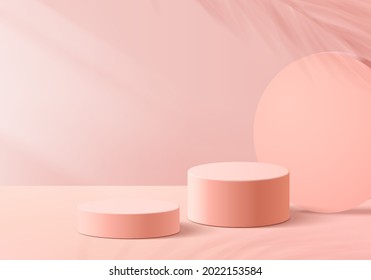 3d background products display podium scene with pink leaf shadow platform. light background vector 3d render with podium. stand to show cosmetic product. Stage showcase on pedestal display pink leave