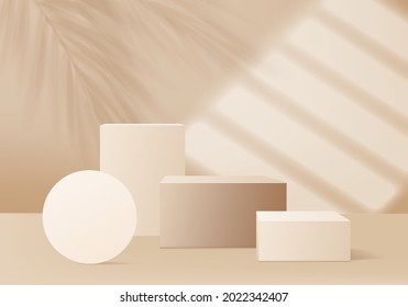 3d background products display podium scene with palm leaf geometric forms. background vector 3d render with podium. stand show cosmetic product. 3d stage showcase on pedestal geometric display beige