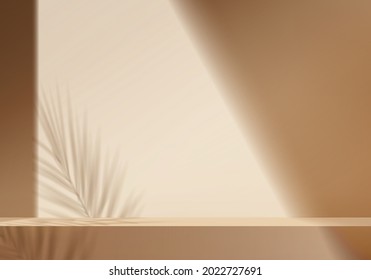 3d background products display podium scene with palm leaf geometric platform. background vector 3d render with podium. stand to show cosmetic product. Stage showcase on pedestal display beige studio