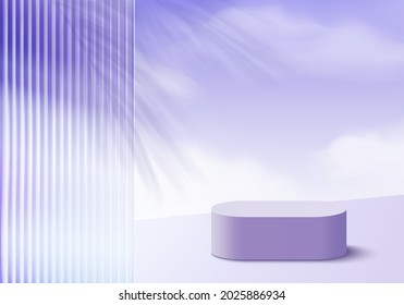 Los productos de fondo 3d muestran la escena del podio con plataforma de nube violeta. representación 3d del vector de fondo con podio. se puede mostrar productos cosméticos. Escenario de exhibición en estudio peatonal púrpura