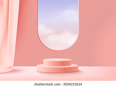 3d background products display podium scene with cloud sky geometric platform. background vector 3d rendering with podium. stand to show cosmetic product. Stage showcase on pedestal display pink cloud