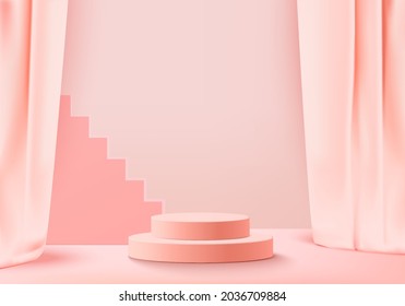Los productos de fondo 3d muestran la escena del podio con plataforma geométrica de seda. representación 3d del vector de fondo con podio. se puede mostrar productos cosméticos. Muestra de escenario en el estudio peatonal de pantalla rosa