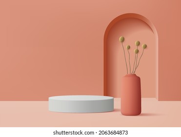 3d background products display podium scene with flower geometric platform. background vector 3d render with podium. stand show cosmetic product. Stage showcase on pedestal display orange studio